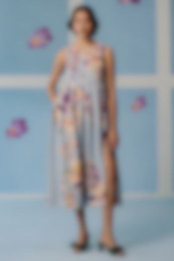 Powder Blue Organic Fabric Box Pleated Slit Vacation Dress by Uri by Mrunalini Rao at Pernia's Pop Up Shop