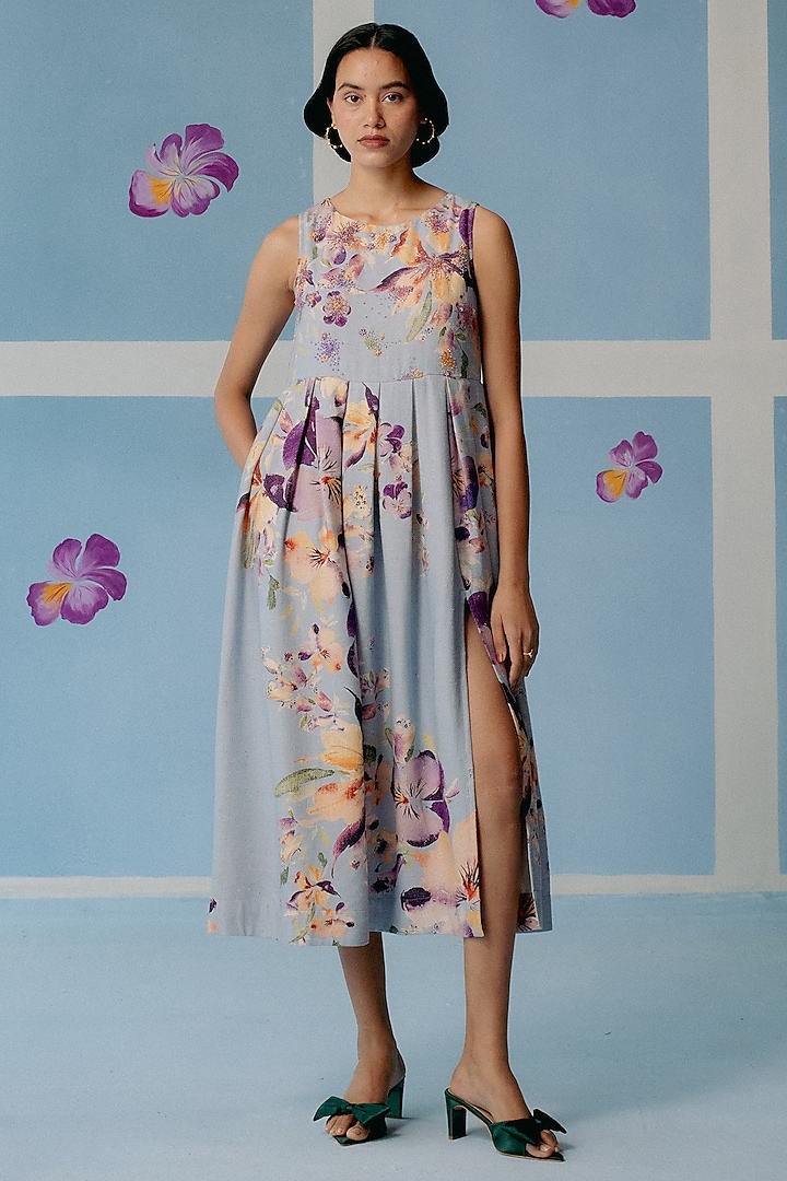 Powder Blue Organic Fabric Box Pleated Slit Vacation Dress by Uri by Mrunalini Rao at Pernia's Pop Up Shop
