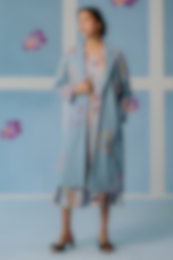 Powder Blue Khadi Cotton Embroidered Trench Coat by Uri by Mrunalini Rao at Pernia's Pop Up Shop