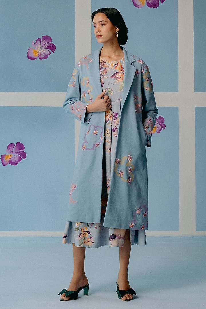 Powder Blue Khadi Cotton Embroidered Trench Coat by Uri by Mrunalini Rao at Pernia's Pop Up Shop