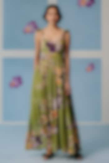 Olive Green Organic Fabric Gathered Summer Dress by Uri by Mrunalini Rao at Pernia's Pop Up Shop