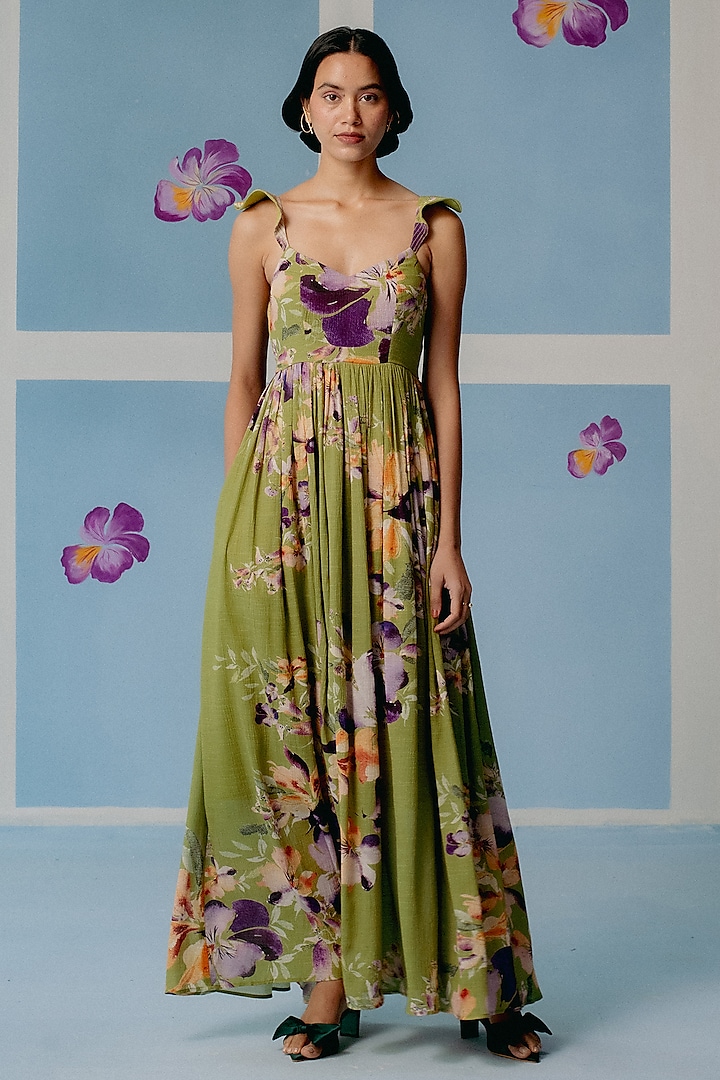 Olive Green Organic Fabric Gathered Summer Dress by Uri by Mrunalini Rao at Pernia's Pop Up Shop
