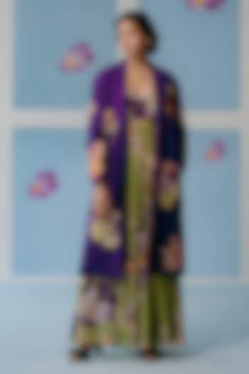 Purple Khadi Cotton Applique Embroidered Trench Coat by Uri by Mrunalini Rao at Pernia's Pop Up Shop