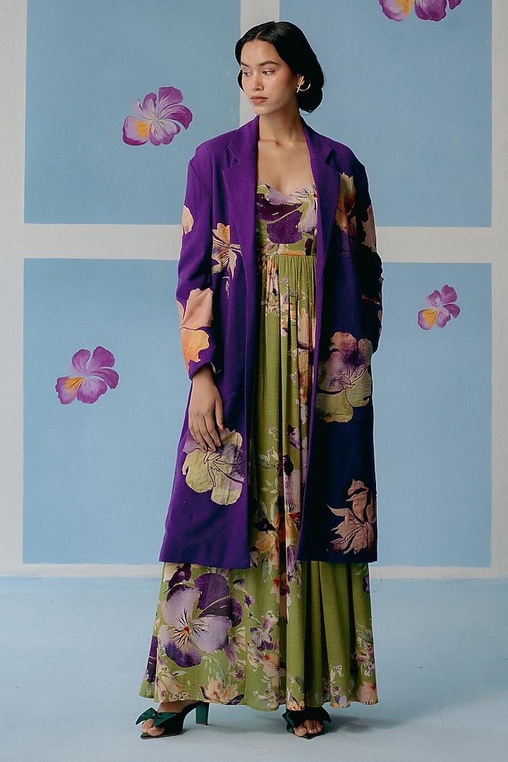 Purple Khadi Cotton Applique Embroidered Trench Coat by Uri by Mrunalini Rao at Pernia's Pop Up Shop