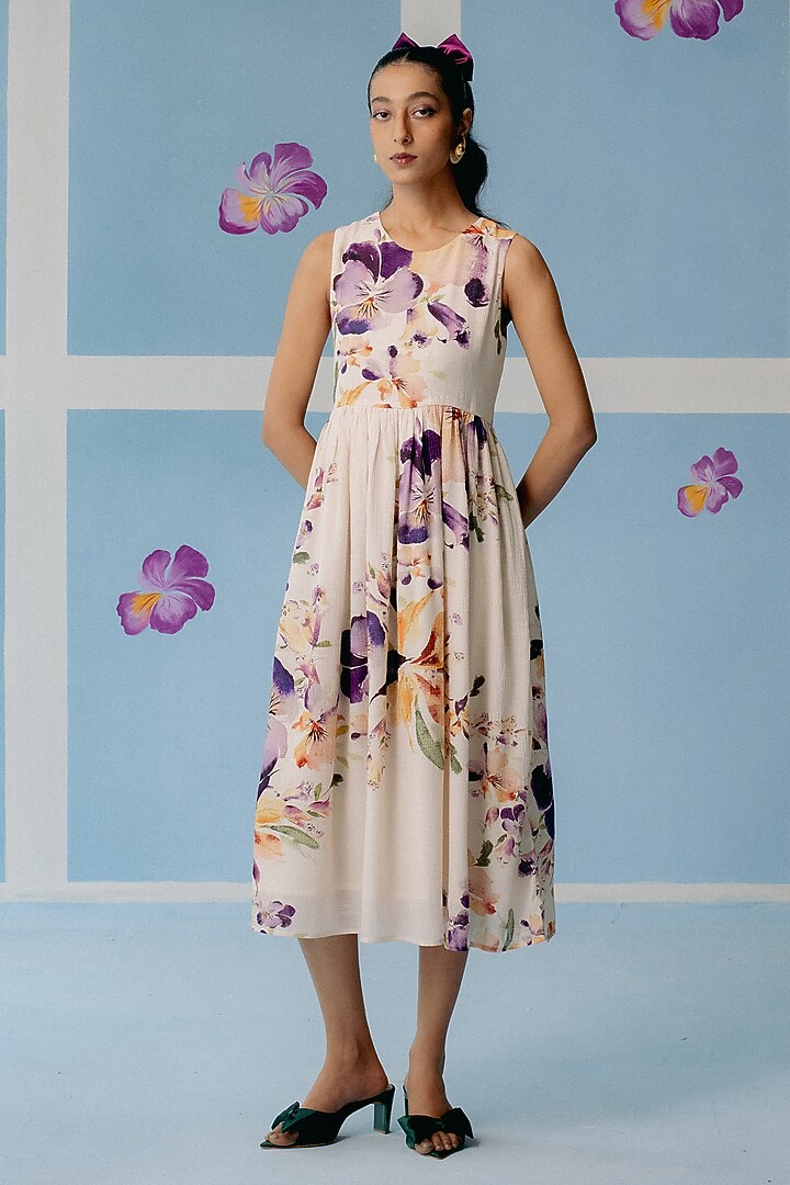 Off-White Organic Fabric Printed Gathered Summer Dress by Uri by Mrunalini Rao at Pernia's Pop Up Shop