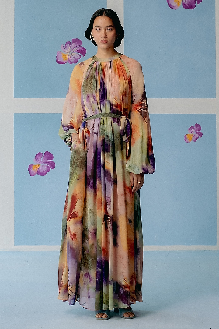 Multi-Colored Organic Fabric Abstract Printed Maxi Dress by Uri by Mrunalini Rao at Pernia's Pop Up Shop