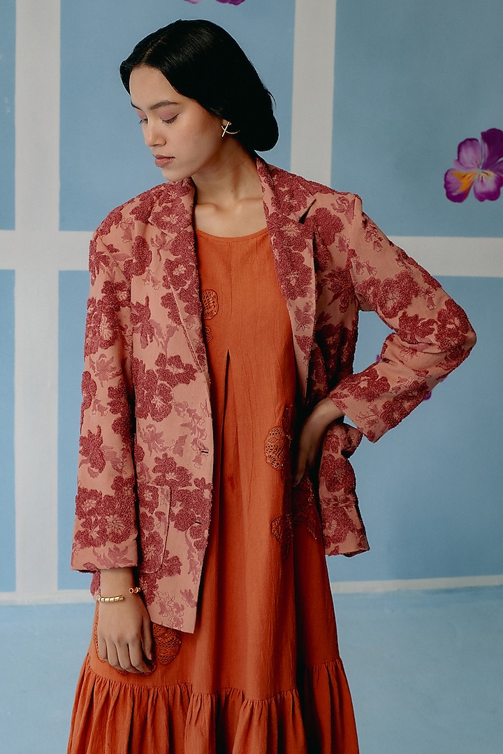 Tan Pink Organic Fabric Embroidered Jacket by Uri by Mrunalini Rao at Pernia's Pop Up Shop