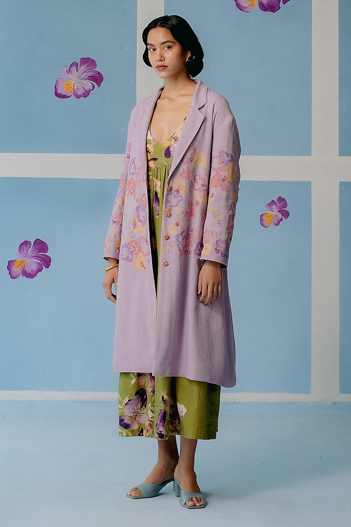 Lilac Khadi Cotton Embroidered Trench Coat by Uri by Mrunalini Rao at Pernia's Pop Up Shop