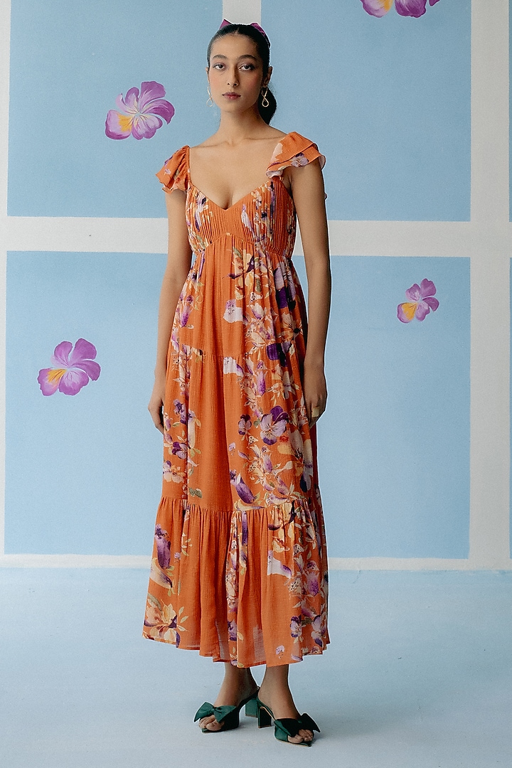 Rust Orange Crush Cotton Tiered Summer Dress by Uri by Mrunalini Rao at Pernia's Pop Up Shop