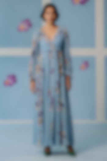 Powder Blue Georgette Gathered Summer Dress by Uri by Mrunalini Rao at Pernia's Pop Up Shop