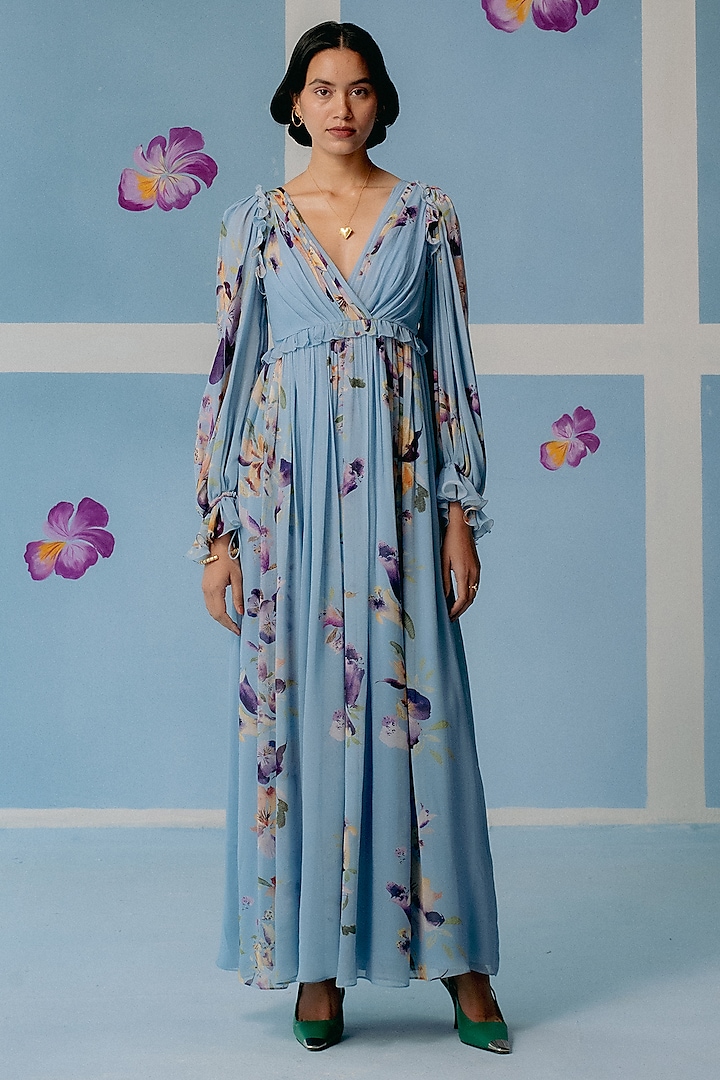 Powder Blue Georgette Gathered Summer Dress by Uri by Mrunalini Rao at Pernia's Pop Up Shop