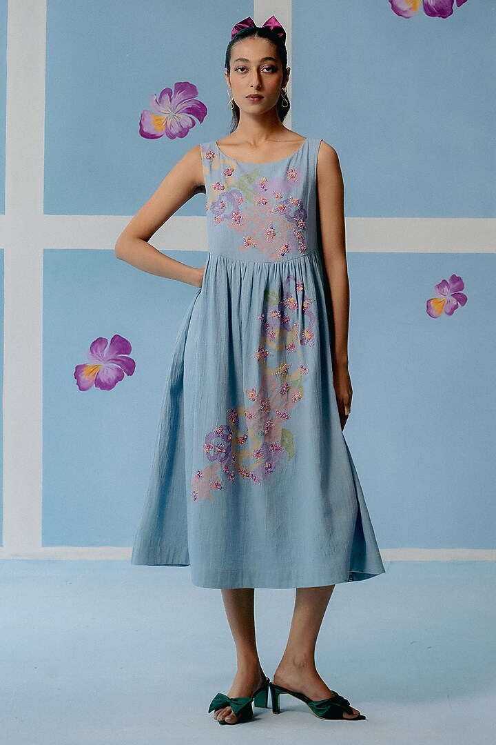 Powder Blue Kala Cotton Embroidered Cocktail Dress by Uri by Mrunalini Rao at Pernia's Pop Up Shop