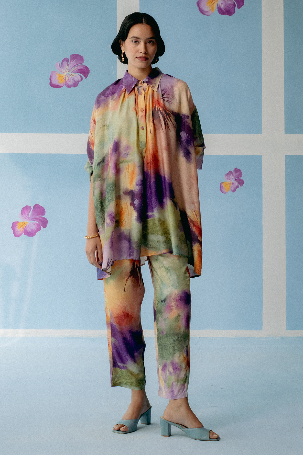 Multi-Colored Silk Abstract Printed Co-Ord Set by Uri by Mrunalini Rao at Pernia's Pop Up Shop