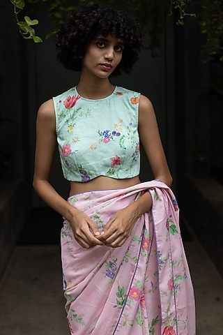 Mint Green Cotton Satin Blouse by Uri by Mrunalini Rao