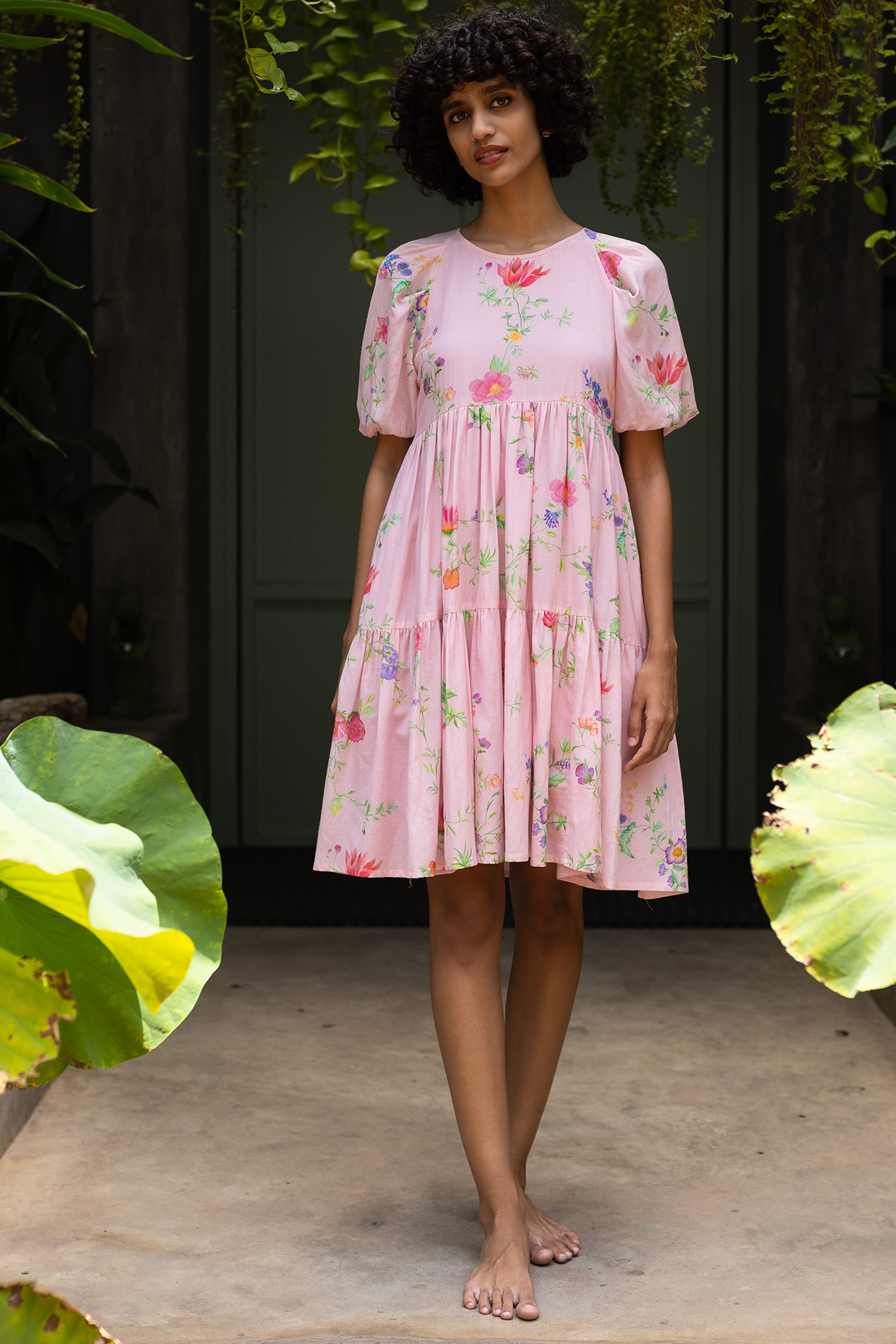 Pink Bamboo Tiered Dress by Uri by Mrunalini Rao