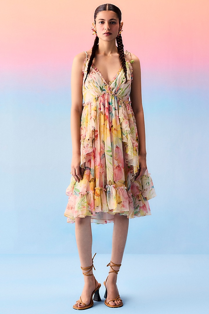 Multi-Colored Organic Fabric & Chiffon Knee-Length Vacation Dress by Uri by Mrunalini Rao at Pernia's Pop Up Shop