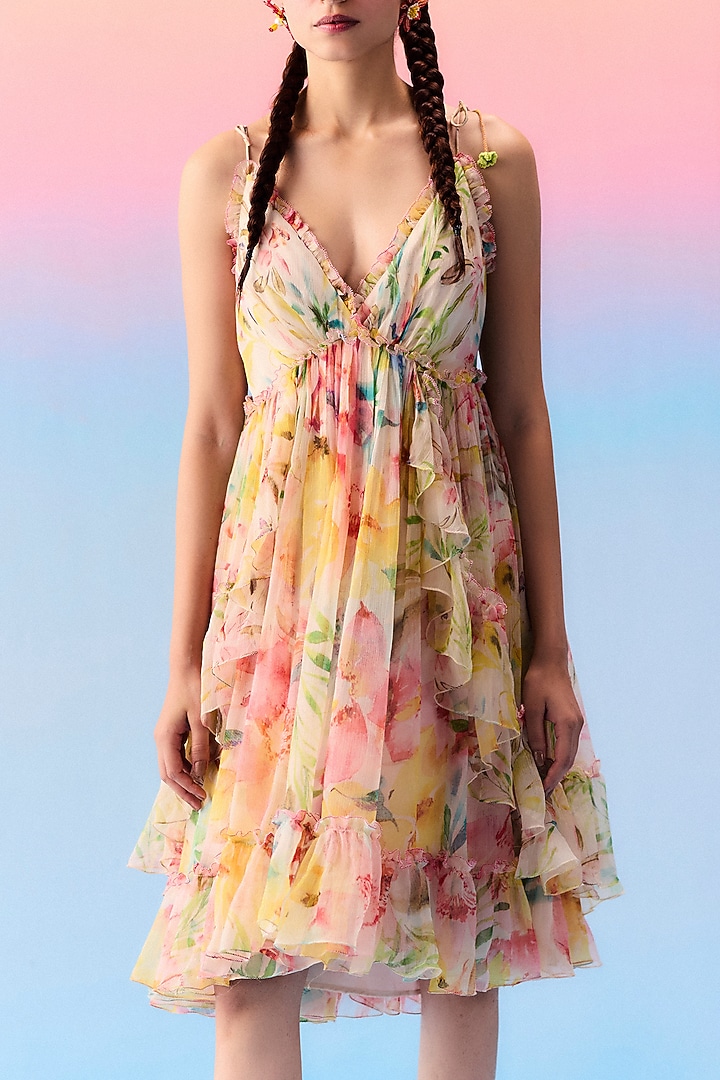 Multi-Colored Organic Fabric & Chiffon Knee-Length Vacation Dress by Uri by Mrunalini Rao at Pernia's Pop Up Shop