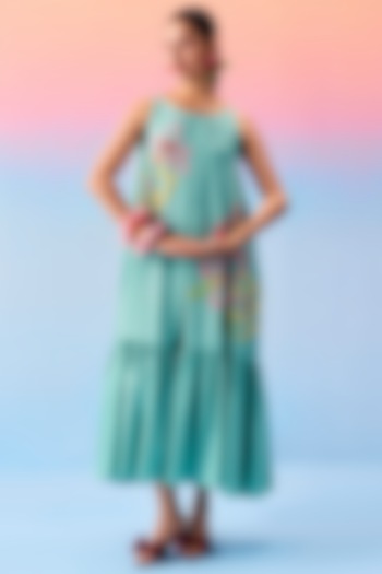 Mint Blue Organic Fabric Floral Embroidered A-Line Vacation Dress by Uri by Mrunalini Rao at Pernia's Pop Up Shop