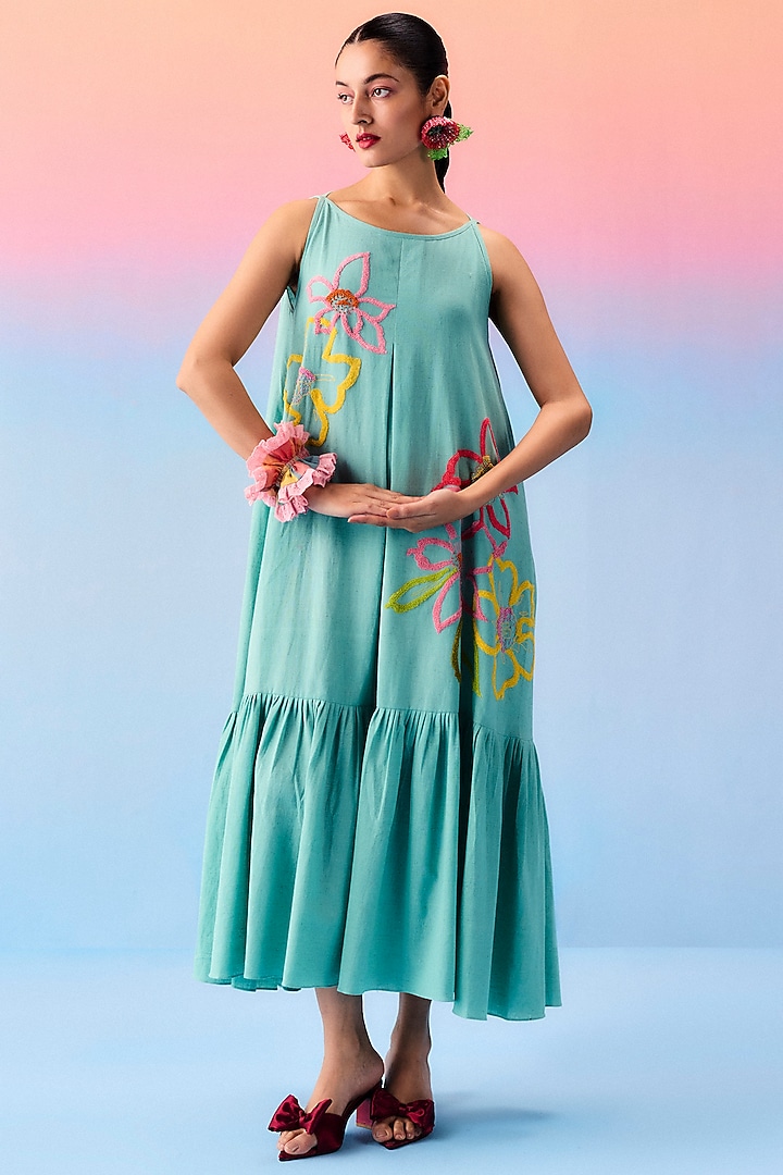Mint Blue Organic Fabric Floral Embroidered A-Line Vacation Dress by Uri by Mrunalini Rao at Pernia's Pop Up Shop