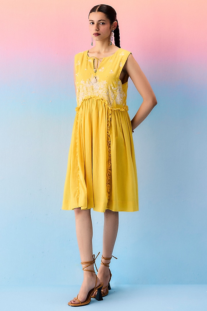 Yellow Organic Fabric Embroidered Vacation Dress by Uri by Mrunalini Rao at Pernia's Pop Up Shop