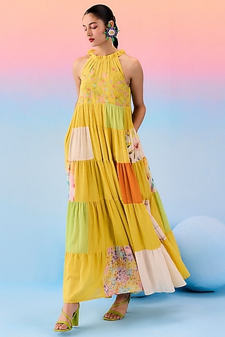 Multi-Colored Organic Fabric Patchwork Tiered Dress by Uri by Mrunalini Rao