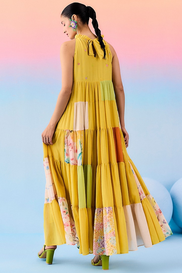 Multi-Colored Organic Fabric Patchwork Tiered Vacation Dress by Uri by Mrunalini Rao at Pernia's Pop Up Shop
