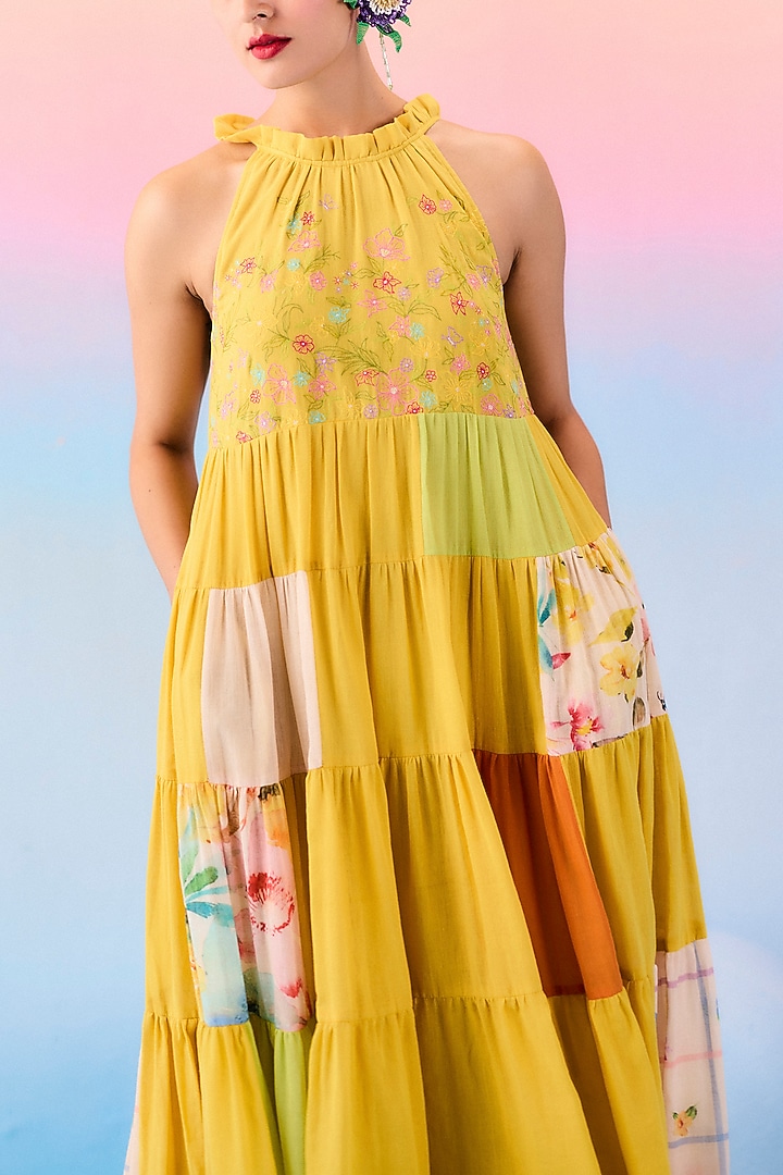 Multi-Colored Organic Fabric Patchwork Tiered Vacation Dress by Uri by Mrunalini Rao at Pernia's Pop Up Shop