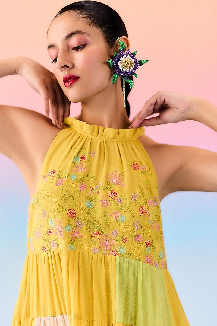 Multi-Colored Organic Fabric Patchwork Tiered Vacation Dress by Uri by Mrunalini Rao at Pernia's Pop Up Shop