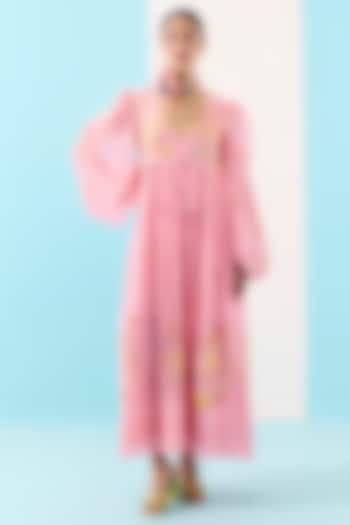 Pink Organic Fabric Embroidered Gathered Maxi Cocktail Dress by Uri by Mrunalini Rao at Pernia's Pop Up Shop