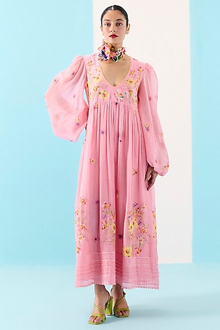 Pink Organic Fabric Embroidered Gathered Maxi Dress by Uri by Mrunalini Rao