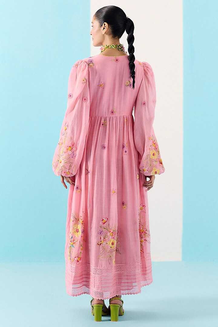 Pink Organic Fabric Embroidered Gathered Maxi Cocktail Dress by Uri by Mrunalini Rao at Pernia's Pop Up Shop