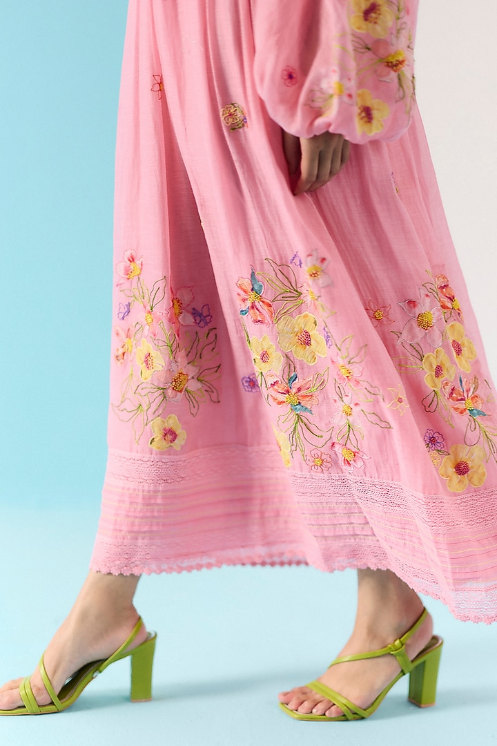 Pink Organic Fabric Embroidered Gathered Maxi Cocktail Dress by Uri by Mrunalini Rao at Pernia's Pop Up Shop