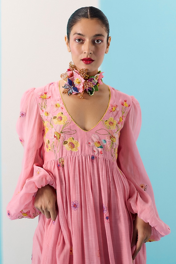 Pink Organic Fabric Embroidered Gathered Maxi Cocktail Dress by Uri by Mrunalini Rao at Pernia's Pop Up Shop