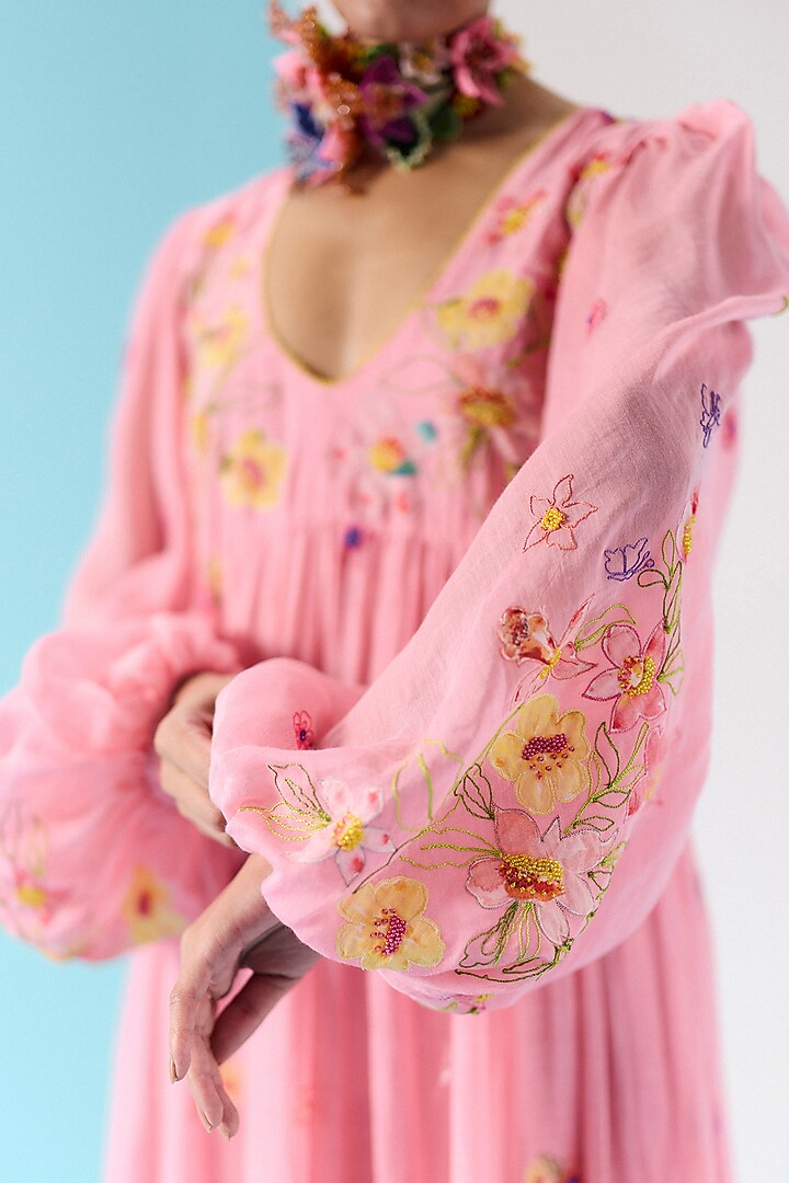 Pink Organic Fabric Embroidered Gathered Maxi Cocktail Dress by Uri by Mrunalini Rao at Pernia's Pop Up Shop