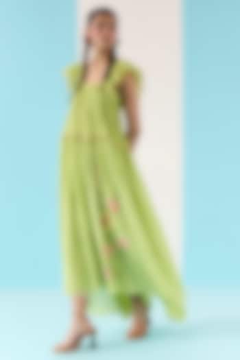 Fresh Green Organic Fabric Embroidered Midi Vacation Dress by Uri by Mrunalini Rao at Pernia's Pop Up Shop