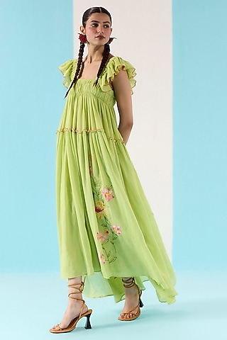 Fresh Green Organic Fabric Embroidered Midi Dress by Uri by Mrunalini Rao