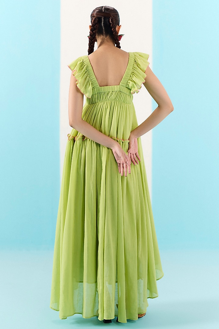 Fresh Green Organic Fabric Embroidered Midi Vacation Dress by Uri by Mrunalini Rao at Pernia's Pop Up Shop