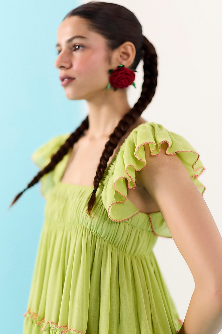 Fresh Green Organic Fabric Embroidered Midi Vacation Dress by Uri by Mrunalini Rao at Pernia's Pop Up Shop