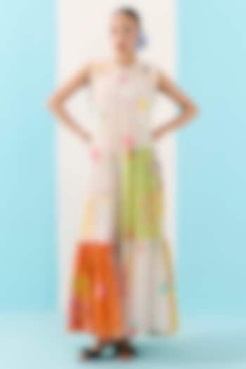 Multi-Colored Organic Fabric Embroidered Tiered Party Wear Dress by Uri by Mrunalini Rao at Pernia's Pop Up Shop