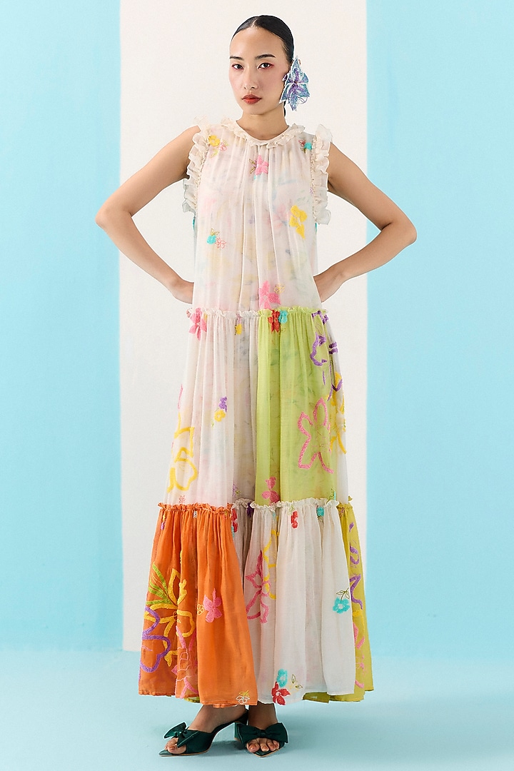 Multi-Colored Organic Fabric Embroidered Tiered Party Wear Dress by Uri by Mrunalini Rao at Pernia's Pop Up Shop