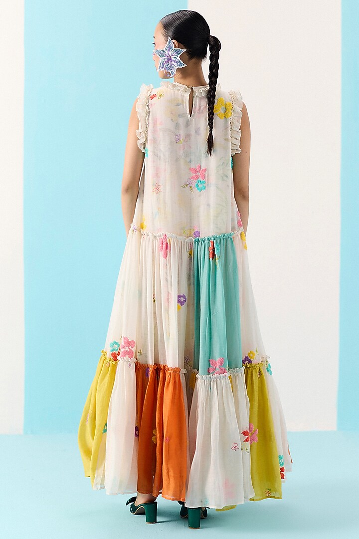 Multi-Colored Organic Fabric Embroidered Tiered Party Wear Dress by Uri by Mrunalini Rao at Pernia's Pop Up Shop