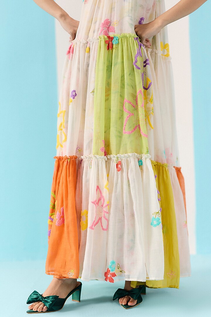 Multi-Colored Organic Fabric Embroidered Tiered Party Wear Dress by Uri by Mrunalini Rao at Pernia's Pop Up Shop