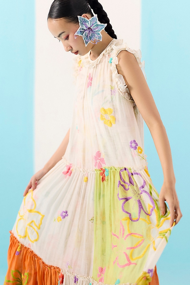 Multi-Colored Organic Fabric Embroidered Tiered Party Wear Dress by Uri by Mrunalini Rao at Pernia's Pop Up Shop
