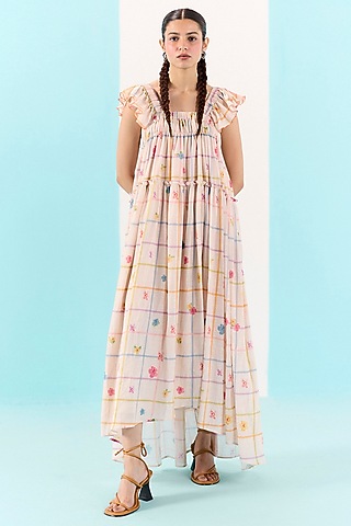Multi-Colored Organic Fabric Checkered Midi Dress by Uri by Mrunalini Rao