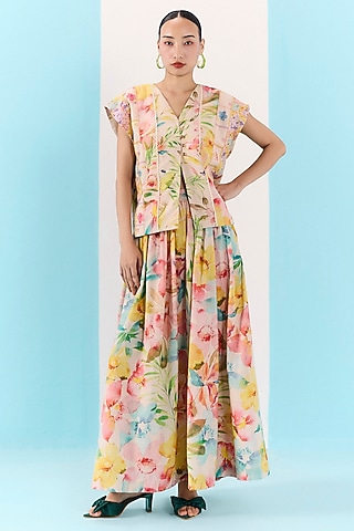 Multi-Colored Organic Fabric Floral Printed Skirt Set by Uri by Mrunalini Rao