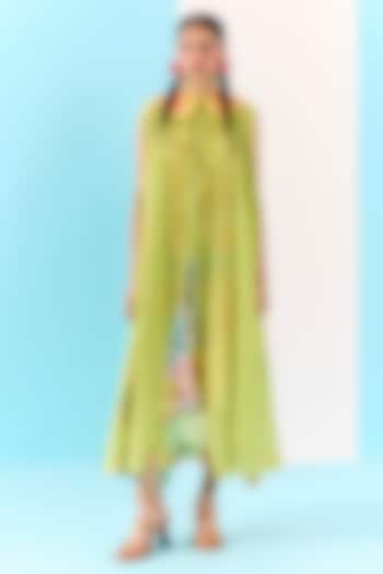 Fresh Green Organic Fabric Embroidered Sheer Shirt Vacation Dress by Uri by Mrunalini Rao at Pernia's Pop Up Shop
