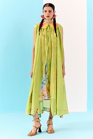 Fresh Green Organic Fabric Embroidered Sheer Shirt Dress by Uri by Mrunalini Rao