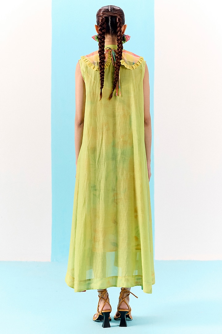 Fresh Green Organic Fabric Embroidered Sheer Shirt Vacation Dress by Uri by Mrunalini Rao at Pernia's Pop Up Shop