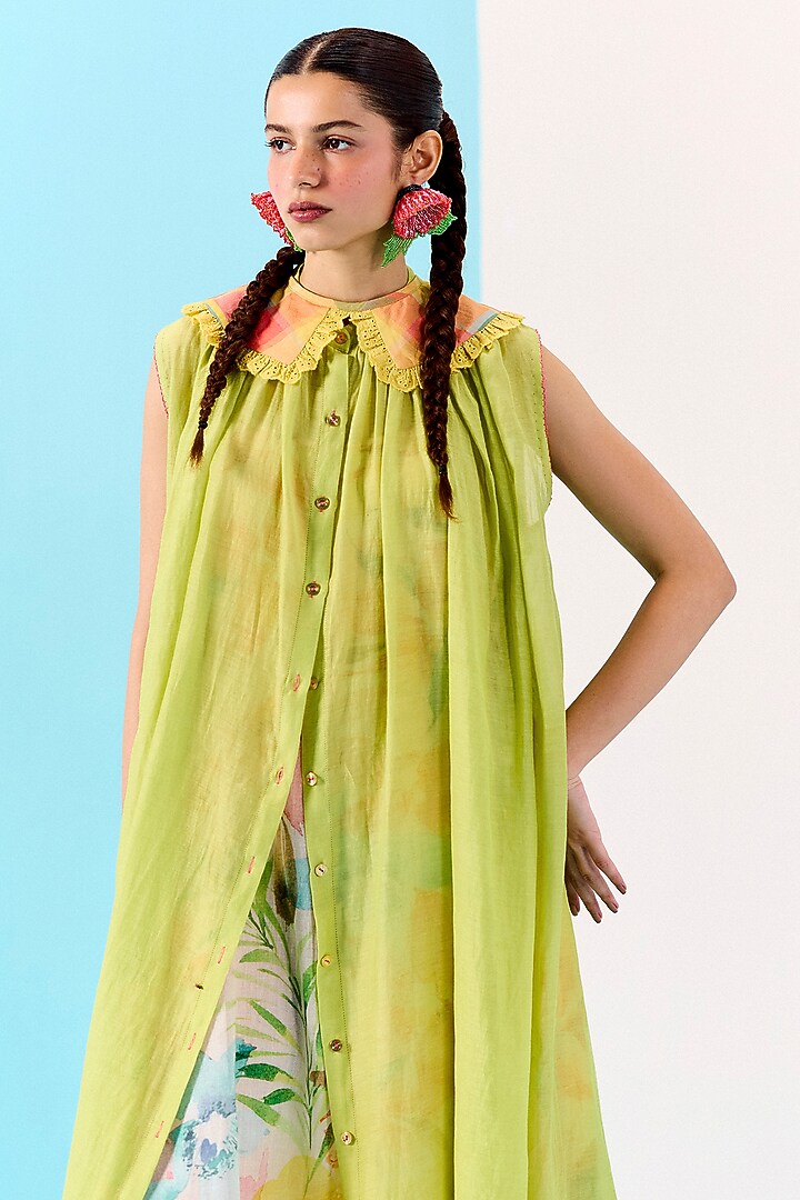 Fresh Green Organic Fabric Embroidered Sheer Shirt Vacation Dress by Uri by Mrunalini Rao at Pernia's Pop Up Shop