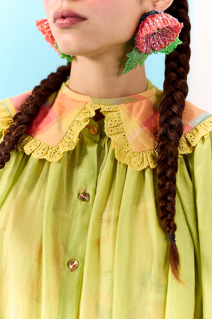 Fresh Green Organic Fabric Embroidered Sheer Shirt Vacation Dress by Uri by Mrunalini Rao at Pernia's Pop Up Shop